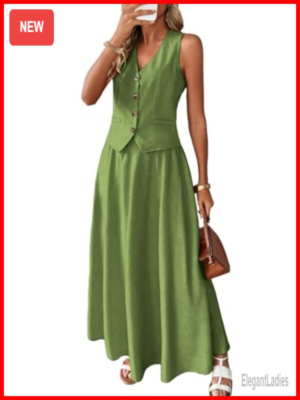 Linen Blend Two-Piece Set V-Neck Vest Top & Flowy Maxi Skirt Summer Outfit
